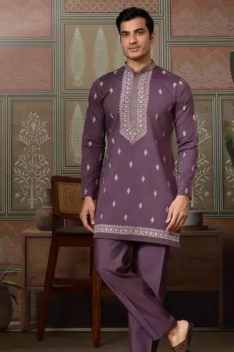 Dusty purple viscose silk multi thread with sequence embroidered work kurta jacket & bottom