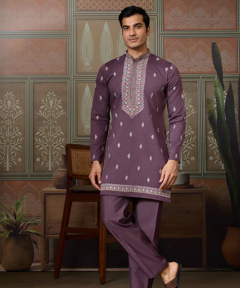 Dusty purple viscose silk multi thread with sequence embroidered work kurta jacket & bottom