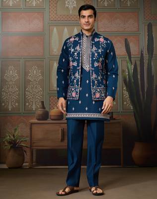 Teal viscose silk multi thread with sequence embroidered work kurta jacket & bottom 1