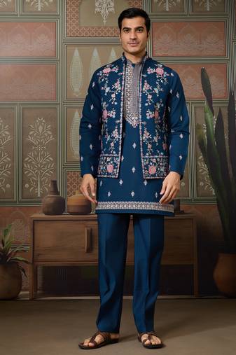 Teal viscose silk multi thread with sequence embroidered work kurta jacket & bottom