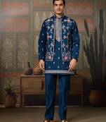 Teal viscose silk multi thread with sequence embroidered work kurta jacket & bottom
