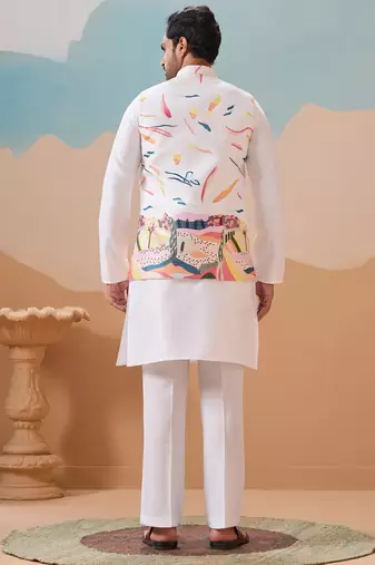 White silk multi thread with embroidered work kurta jacket & bottom