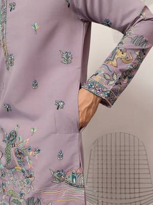 Purple viscose silk thread with sequence embroidered work kurta only 4
