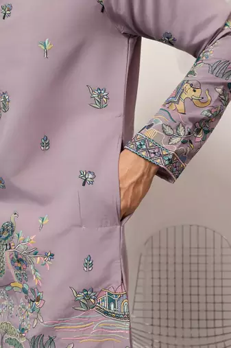 Purple viscose silk thread with sequence embroidered work kurta only