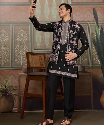 Black viscose silk multi thread with sequence embroidered work kurta jacket & bottom 2