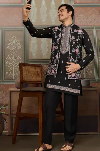 Black viscose silk multi thread with sequence embroidered work kurta jacket & bottom