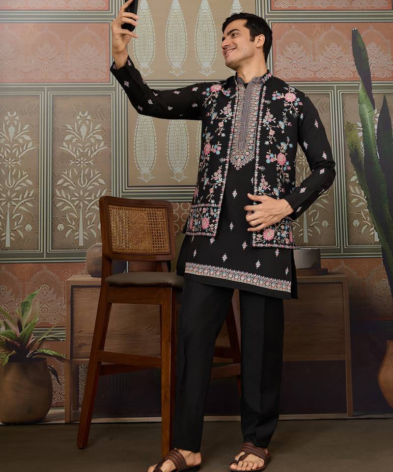 Black viscose silk multi thread with sequence embroidered work kurta jacket & bottom