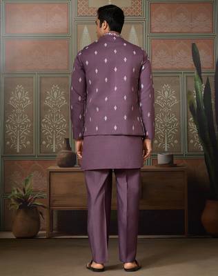 Dusty purple viscose silk multi thread with sequence embroidered work kurta jacket & bottom 4