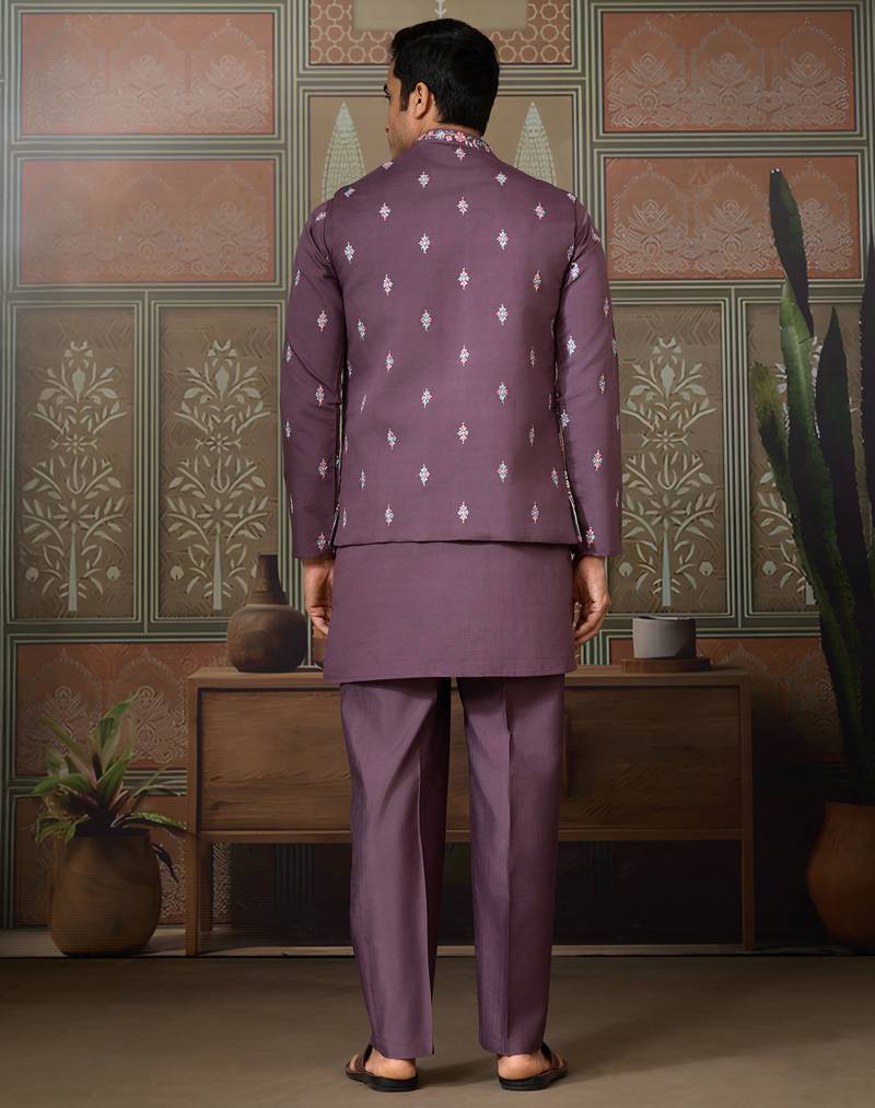 Dusty purple viscose silk multi thread with sequence embroidered work kurta jacket & bottom