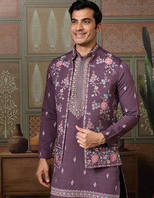 Dusty purple viscose silk multi thread with sequence embroidered work kurta jacket & bottom 5