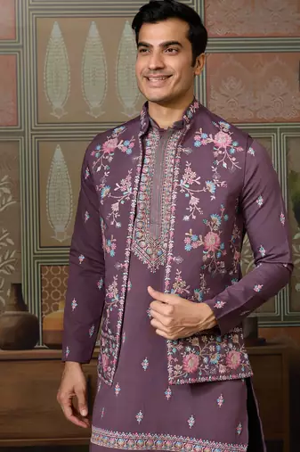 Dusty purple viscose silk multi thread with sequence embroidered work kurta jacket & bottom