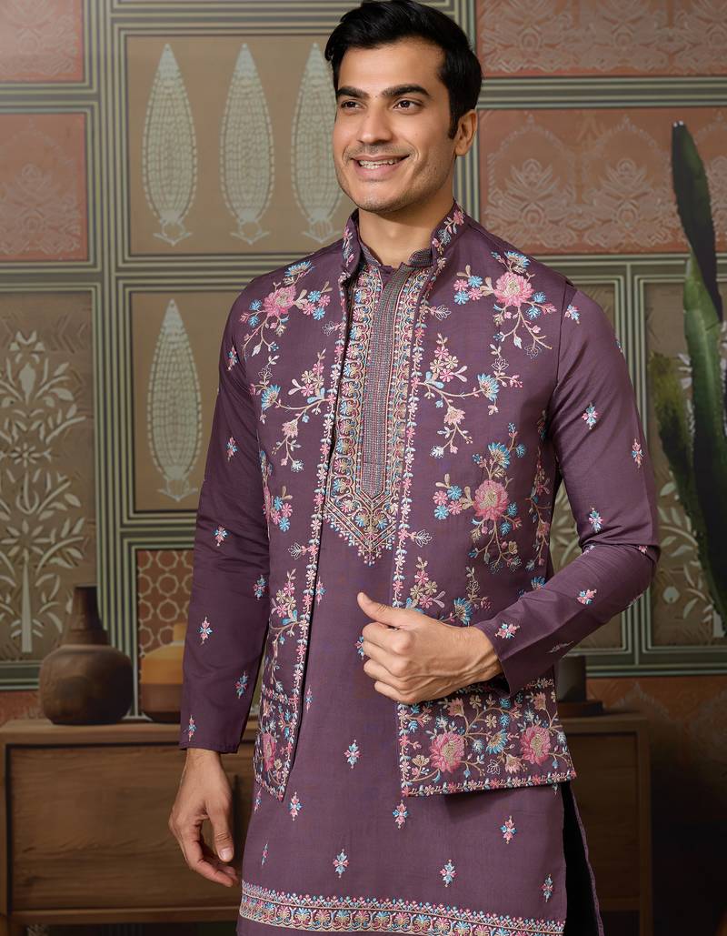 Dusty purple viscose silk multi thread with sequence embroidered work kurta jacket & bottom