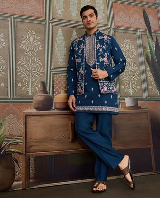 Teal viscose silk multi thread with sequence embroidered work kurta jacket & bottom 2
