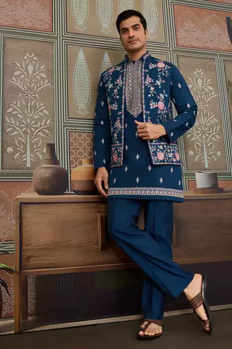 Teal viscose silk multi thread with sequence embroidered work kurta jacket & bottom