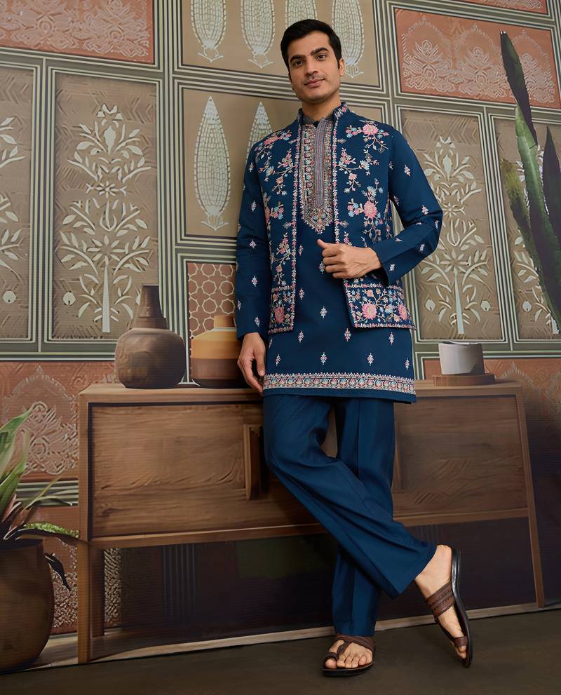 Teal viscose silk multi thread with sequence embroidered work kurta jacket & bottom