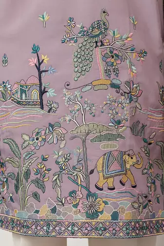 Purple viscose silk thread with sequence embroidered work kurta only