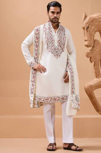 White viscose silk thread with sequence embroidered work kurta with dupatta