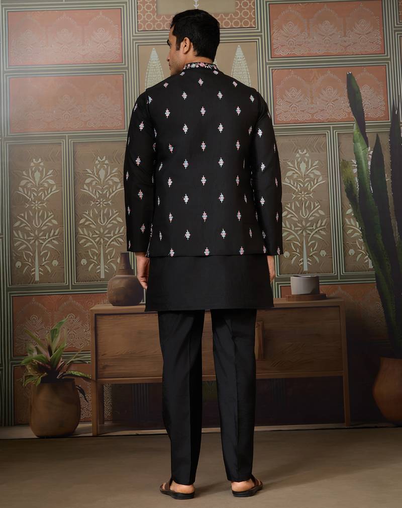 Black viscose silk multi thread with sequence embroidered work kurta jacket & bottom