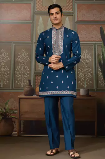Teal viscose silk multi thread with sequence embroidered work kurta jacket & bottom