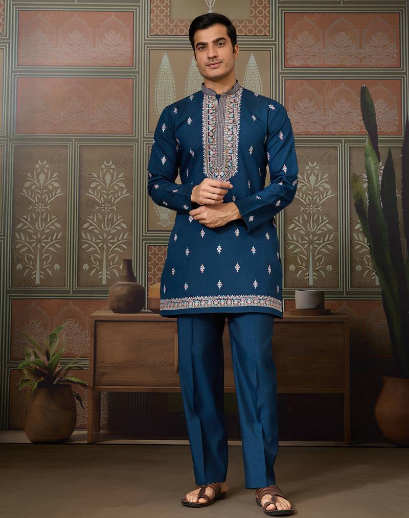 Teal viscose silk multi thread with sequence embroidered work kurta jacket & bottom