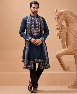 Teal blue viscose silk thread with sequence embroidered work kurta with dupatta 1