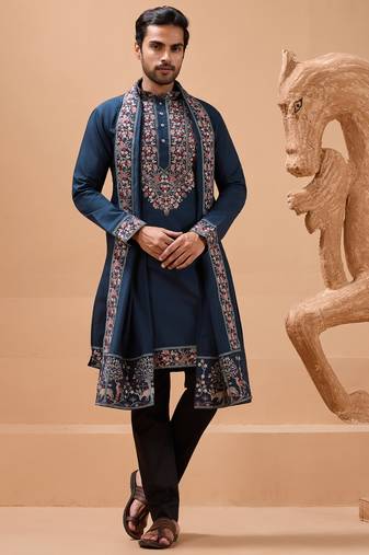 Teal blue viscose silk thread with sequence embroidered work kurta with dupatta