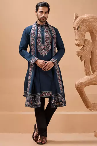 Teal blue viscose silk thread with sequence embroidered work kurta with dupatta