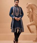 Teal blue viscose silk thread with sequence embroidered work kurta with dupatta