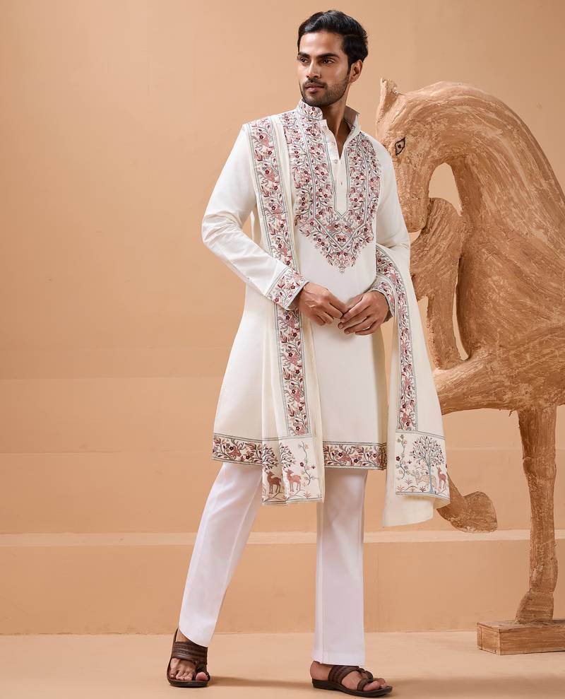 White viscose silk thread with sequence embroidered work kurta with dupatta