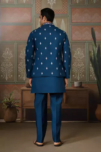 Teal viscose silk multi thread with sequence embroidered work kurta jacket & bottom