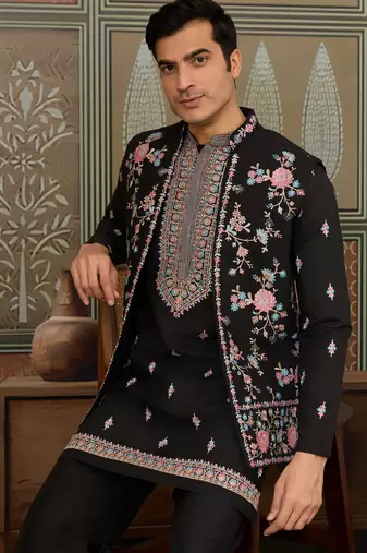 Black viscose silk multi thread with sequence embroidered work kurta jacket & bottom