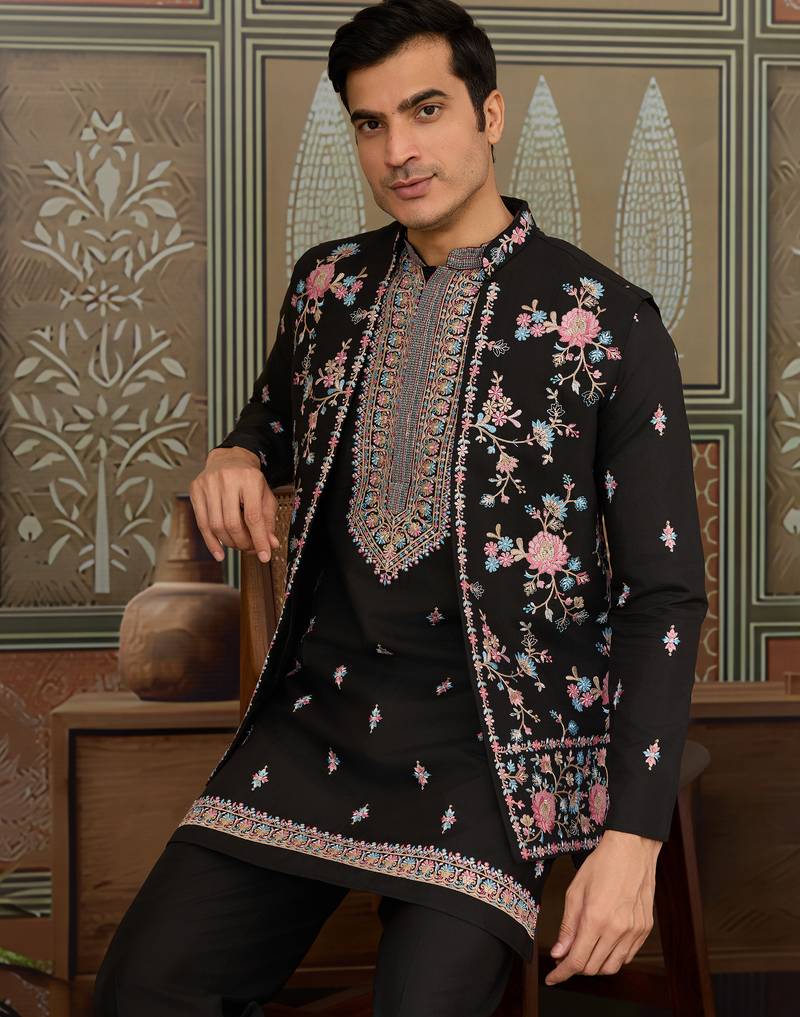 Black viscose silk multi thread with sequence embroidered work kurta jacket & bottom