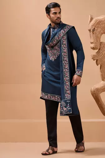 Teal blue viscose silk thread with sequence embroidered work kurta with dupatta