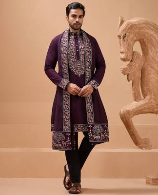 Purple viscose silk thread with sequence embroidered work kurta with dupatta 1