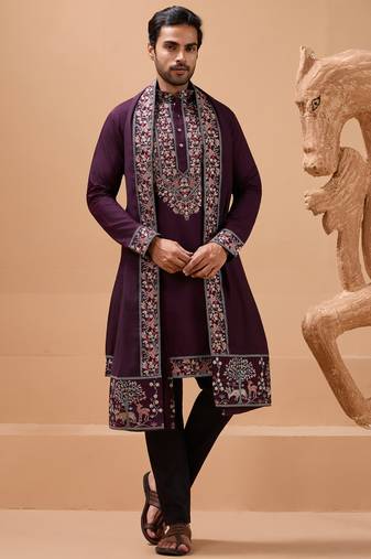 Purple viscose silk thread with sequence embroidered work kurta with dupatta