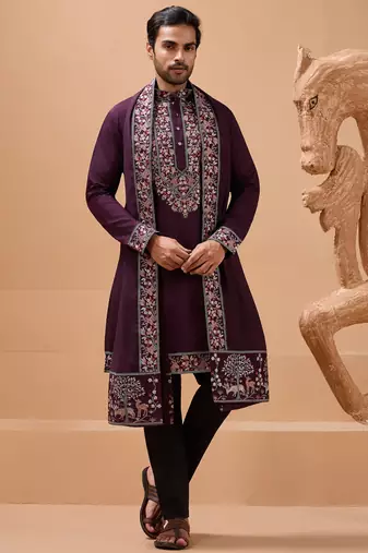 Purple viscose silk thread with sequence embroidered work kurta with dupatta