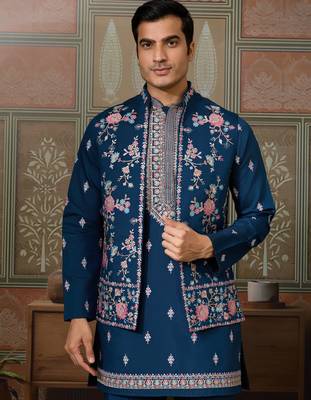 Teal viscose silk multi thread with sequence embroidered work kurta jacket & bottom 5