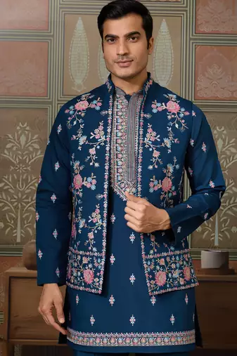 Teal viscose silk multi thread with sequence embroidered work kurta jacket & bottom