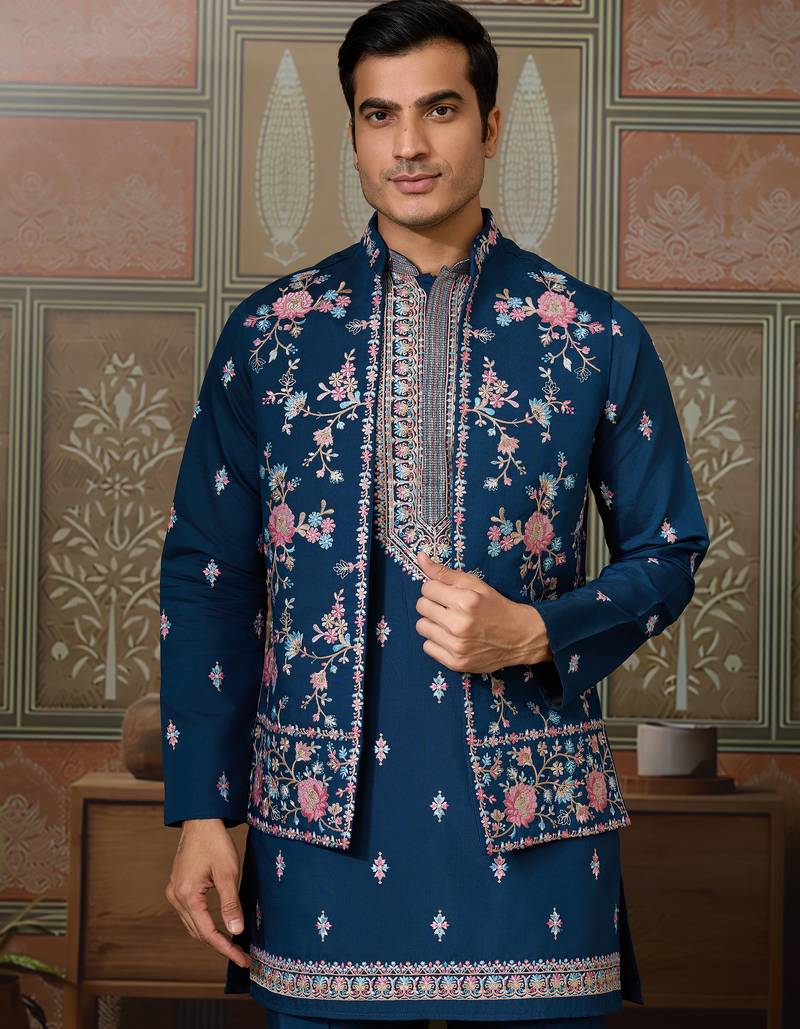 Teal viscose silk multi thread with sequence embroidered work kurta jacket & bottom