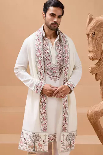 White viscose silk thread with sequence embroidered work kurta with dupatta