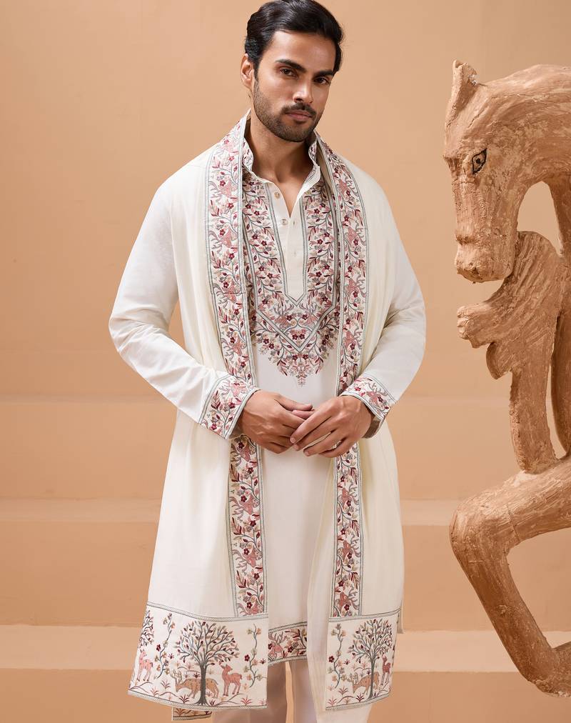 White viscose silk thread with sequence embroidered work kurta with dupatta
