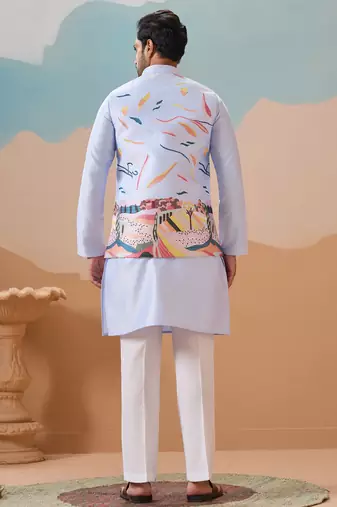 Sky blue silk multi thread with embroidered work kurta jacket & bottom