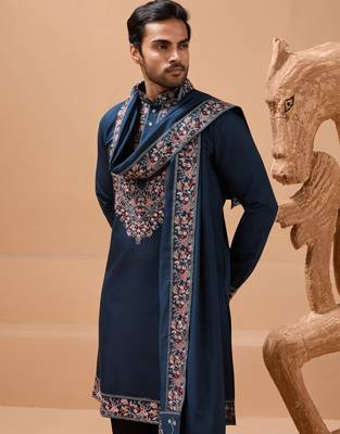 Teal blue viscose silk thread with sequence embroidered work kurta with dupatta 3