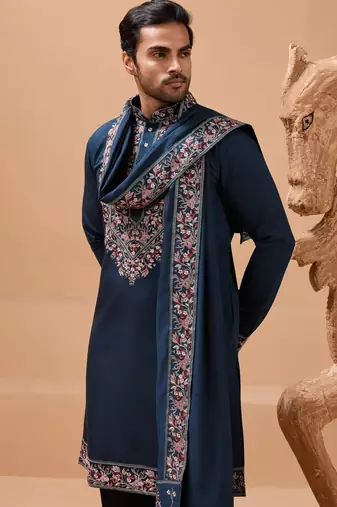 Teal blue viscose silk thread with sequence embroidered work kurta with dupatta