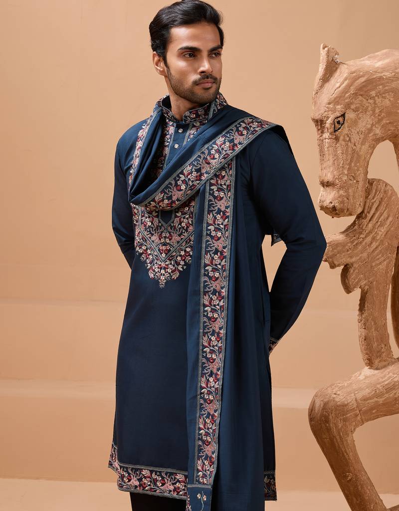 Teal blue viscose silk thread with sequence embroidered work kurta with dupatta
