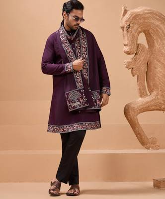 Purple viscose silk thread with sequence embroidered work kurta with dupatta 2