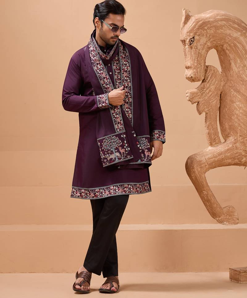 Purple viscose silk thread with sequence embroidered work kurta with dupatta
