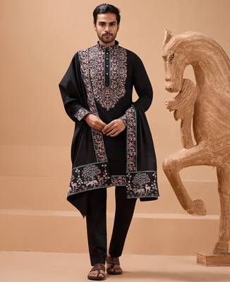 Black viscose silk thread with sequence embroidered work kurta with dupatta 1