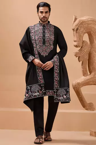 Black viscose silk thread with sequence embroidered work kurta with dupatta