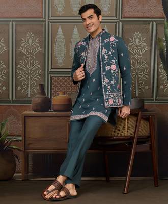 Green viscose silk multi thread with sequence embroidered work kurta jacket & bottom 1